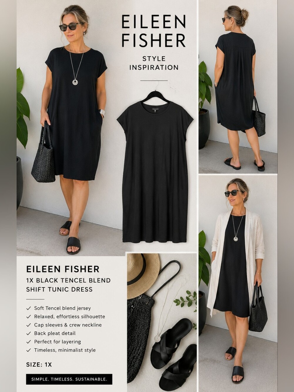 Eileen Fisher 1X Black Tencel Blend Jersey Shift Tunic Dress Minimalist